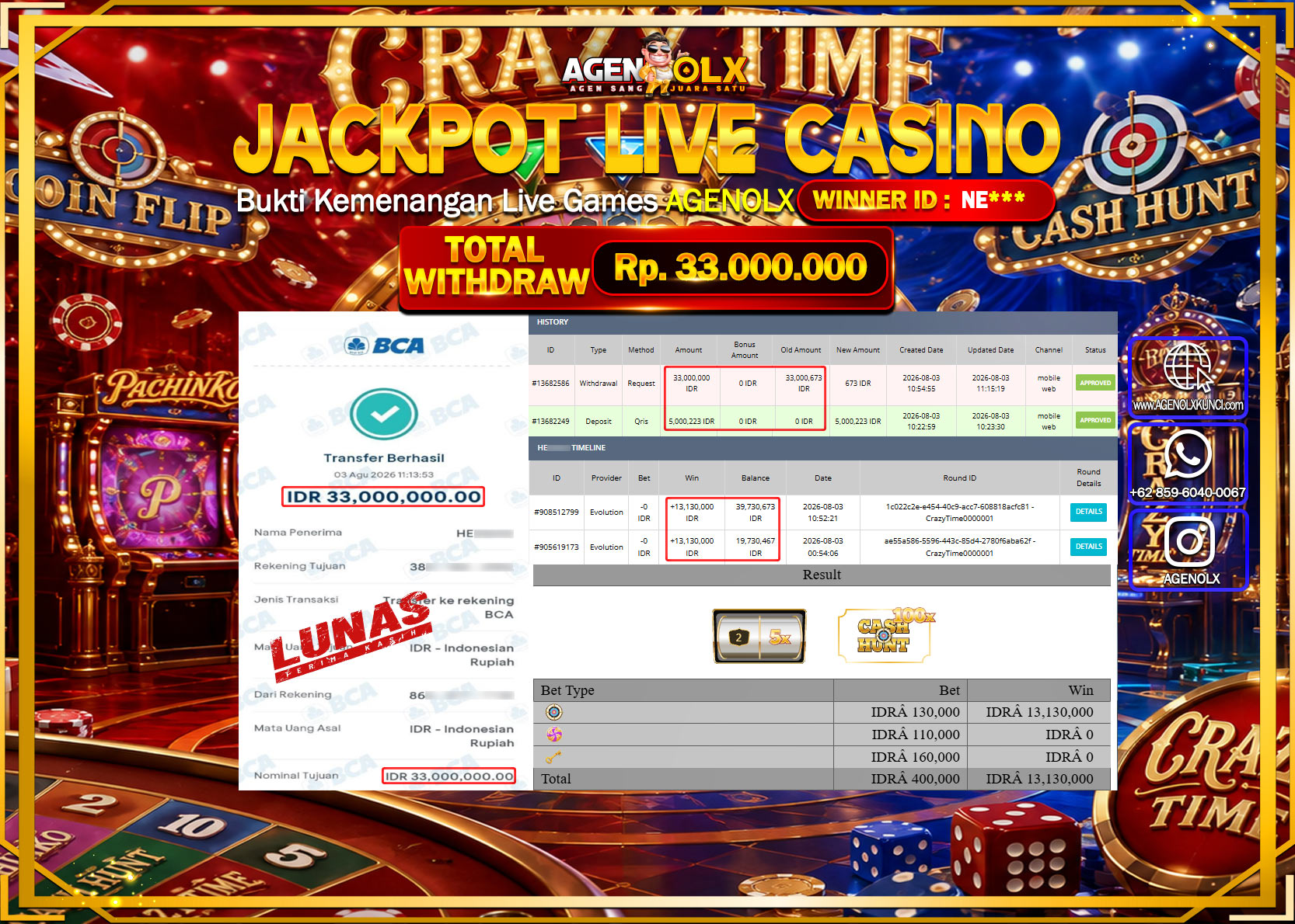 AGENOLX JACKPOT LIVE CASSINO CRAZYTIME00001   Rp  33.000.000 -LUNAS