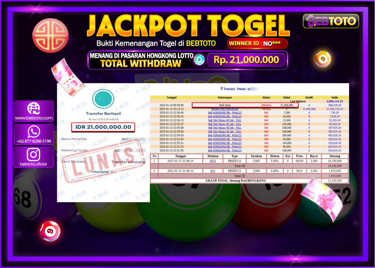 JACKPOT TOGEL BEBTOTO HONGKONG LOTTO Rp.21.000.000.,- LUNAS