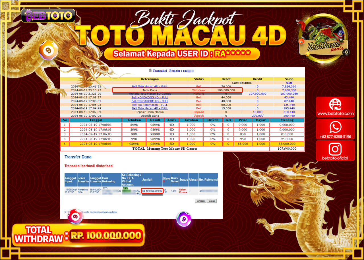 JACKPOT TOGEL BEBTOTO TOTO TOTO MACAU Rp.100.000.000.,- LUNAS