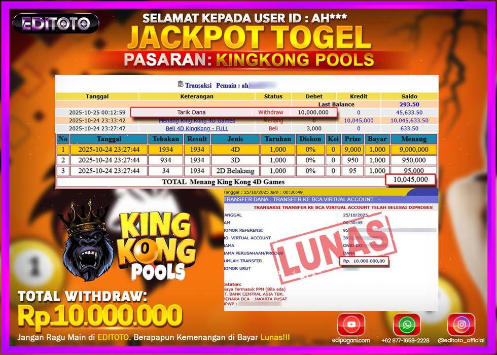 JACKPOT EDITOTO TOGEL PASARAN KINGKONG POOLS Rp.10.000.000.,- LUNAS 