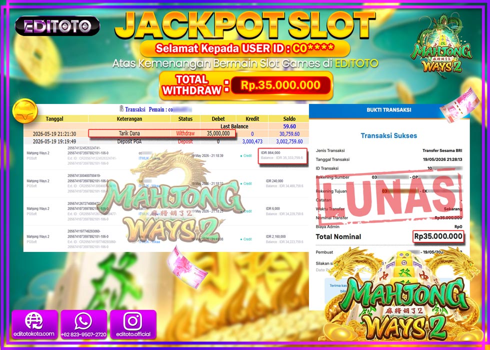 JACKPOT EDITOTO SLOT MAHJONG WAYS 2  Rp.36.000.000,- LUNAS