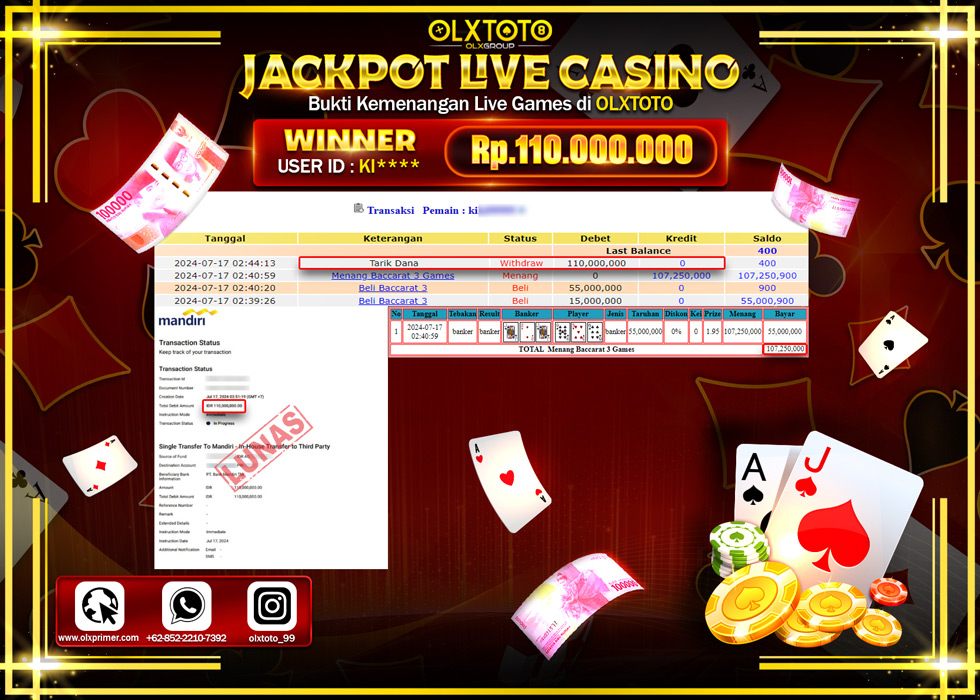 OLXTOTO JACKPOT  LIVE GAMES BACCARAT 3 Rp.110.000.000.,- LUNAS