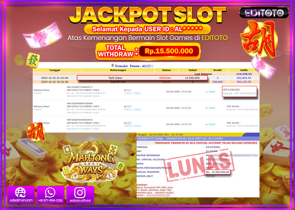 JACKPOT EDITOTO SLOT MAHJONG WAYS  Rp.15.500.000,- LUNAS  