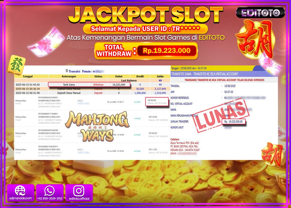 JACKPOT EDITOTO SLOT MAHJONG WAYS Rp.19.223.000,- LUNAS