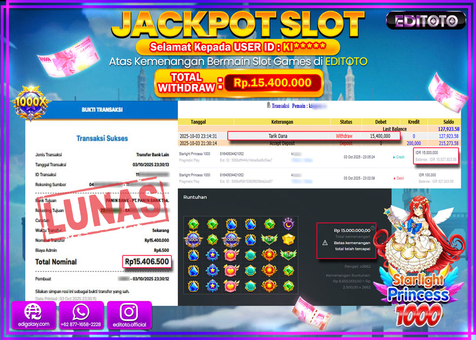 JACKPOT EDITOTO SLOT STARLIGHT PRINCESS 1000 Rp.15.400.000,- LUNAS 