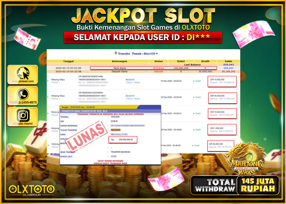 OLXTOTO JACKPOT  SLOT MAHJONG WAYS  Rp.145.000.000.,- LUNAS