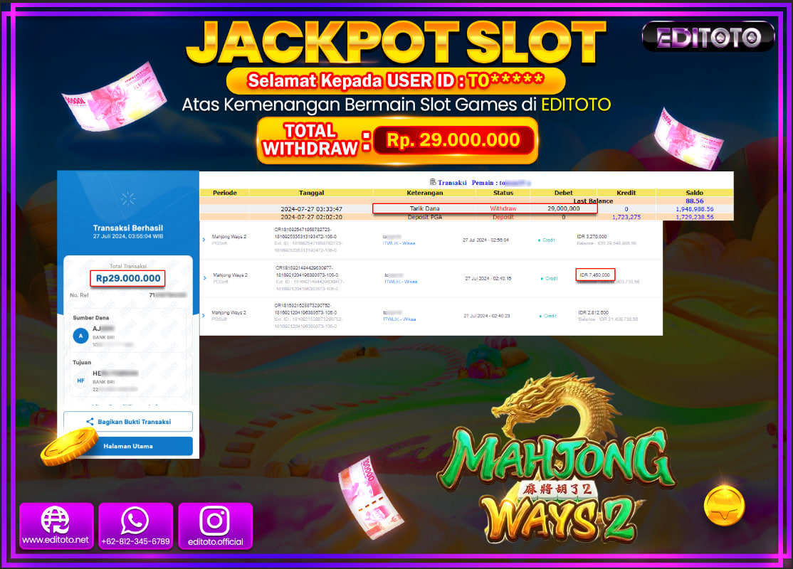 JACKPOT SLOT EDITOTO Mahjong Ways 2 Rp.29.000.000.,- LUNAS