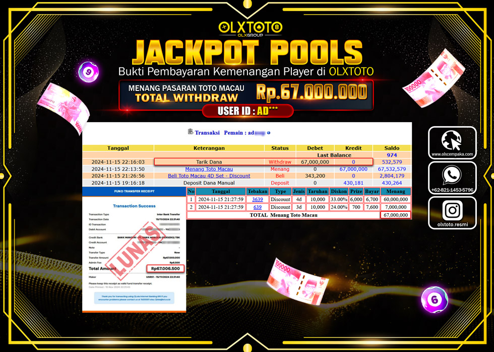 OLXTOTO JACKPOT  TOGEL POOL TOTO MACAU Rp.67.000.000.,- LUNAS