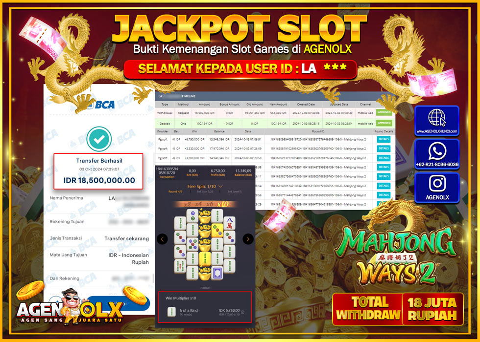 AGENOLX JACKPOT  SLOT MAHJONG WAYS 2 Rp.18.000.000,- LUNAS