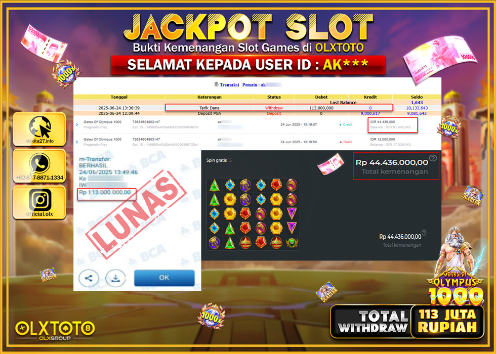 BONDAN69 JACKPOT SLOT GATES OF OLYMPUSS 1000  Rp.113.000.000.,- LUNAS