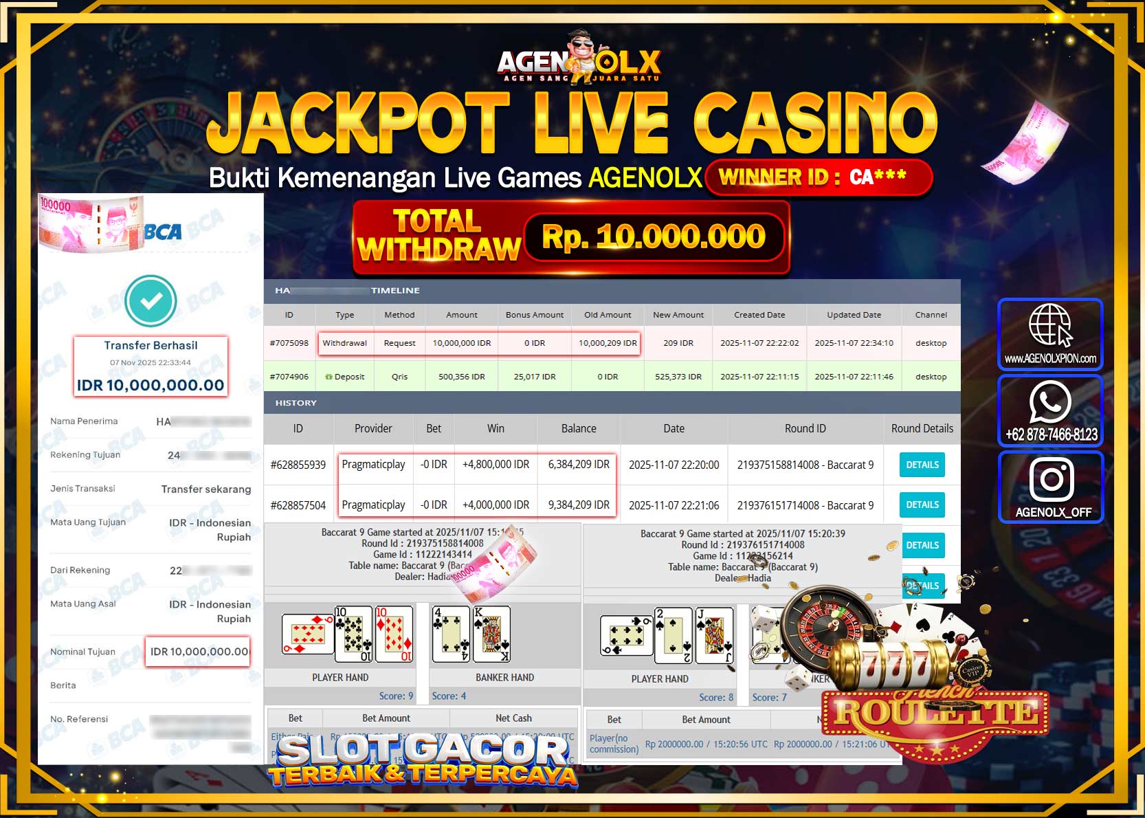 AGENOLX JACKPOT  LIVE CASINO BACCARAT 9  Rp 10,000,000,- LUNAS