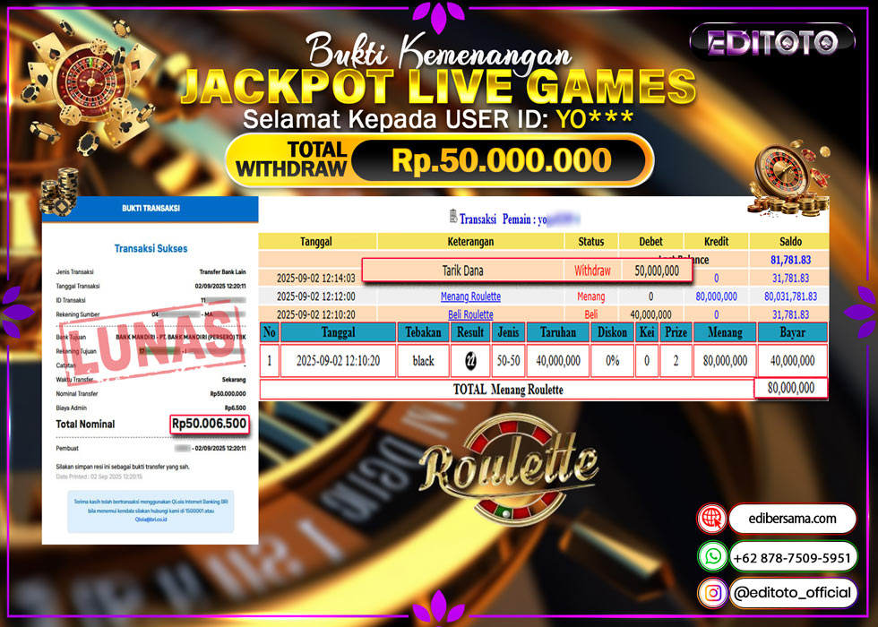 JACKPOT EDITOTO LIVE GAMES ROULETTE Rp. 50.000.000.,- LUNAS