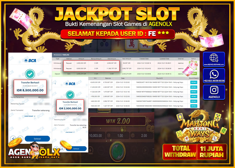 AGENOLX JACKPOT  SLOT MAHJONG WAYS  Rp 11.000.000,- LUNAS