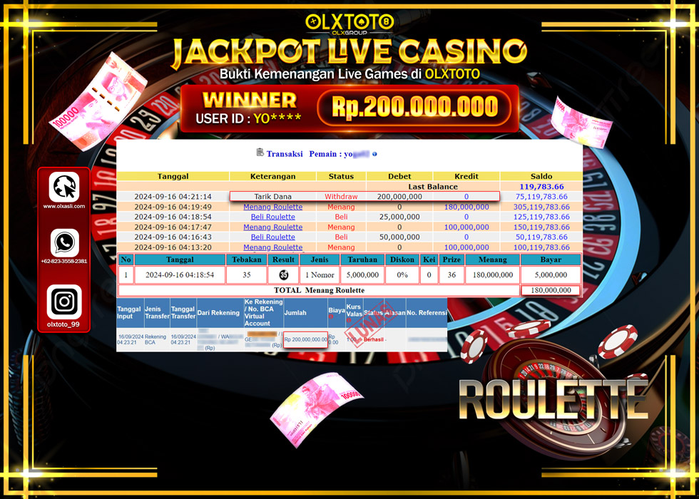 OLXTOTO JACKPOT  LIVE GAMES ROULETTE Rp.200.000.000.,- LUNAS