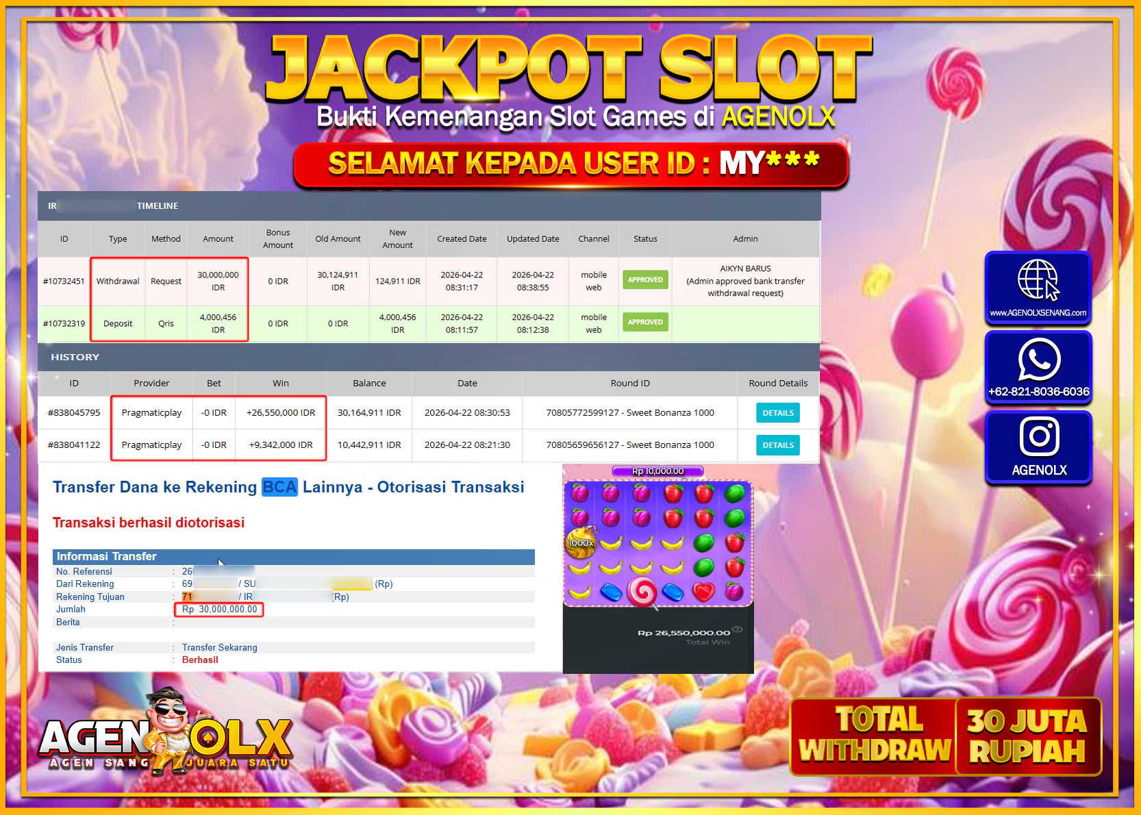 AGENOLX JACKPOT SLOT SWEET BONANZA 1000 Rp 30.000.000 - LUNAS