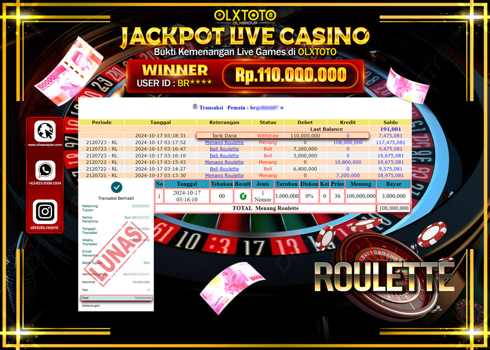 OLXTOTO JACKPOT  LIVE GAMES ROULETTE  Rp.110.000.000.,- LUNAS
