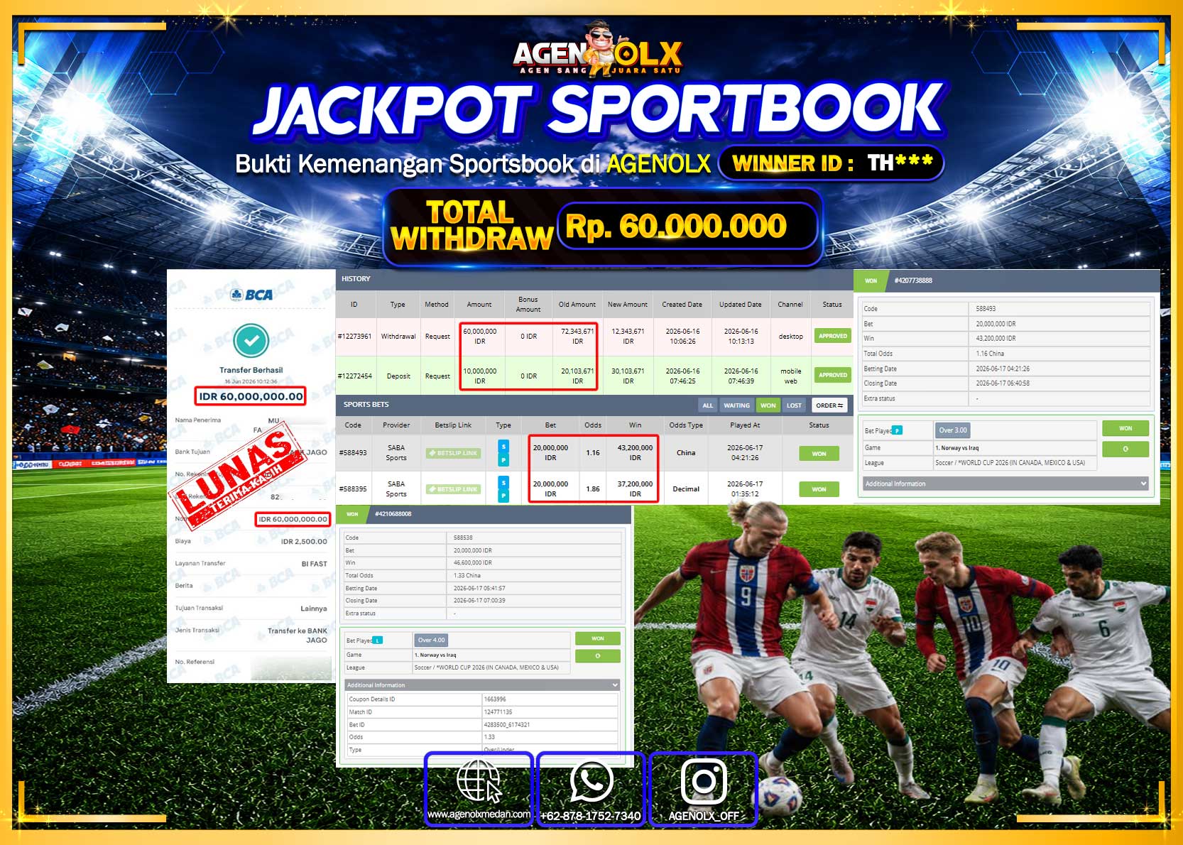 AGENOLX JACKPOT SPORTBOOK SABA SPORT Rp 60.000.000- LUNAS