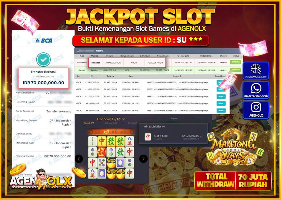 AGENOLX JACKPOT SLOT MAHJONG WAYS Rp 70.000.000,- LUNAS
