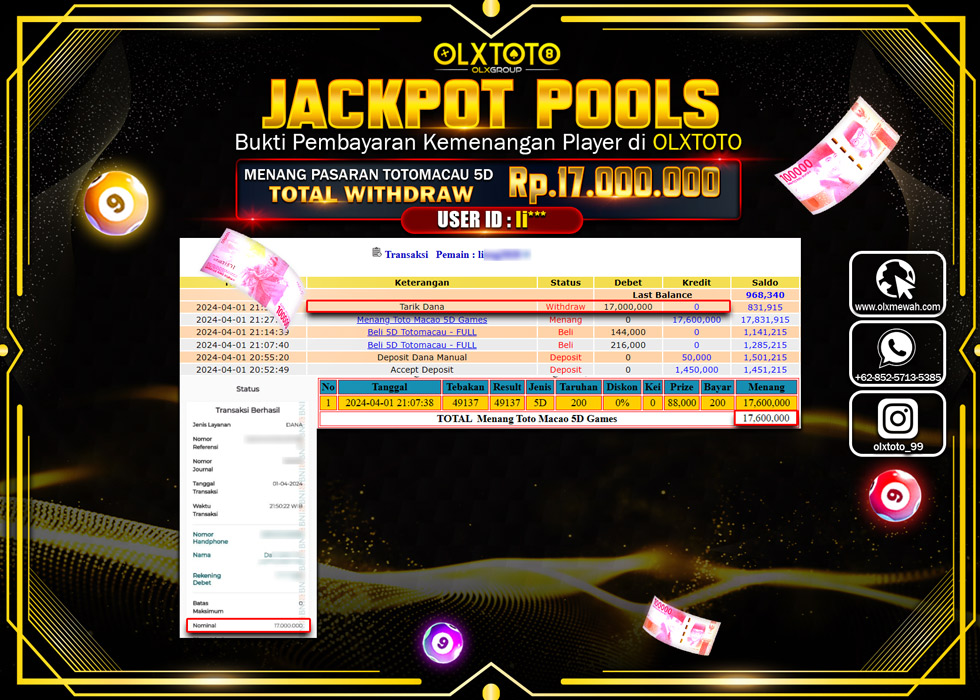 OLXTOTO JACKPOT TOGEL PASARAN TOTOMACAU 5D Rp.17.000.000.,- LUNAS