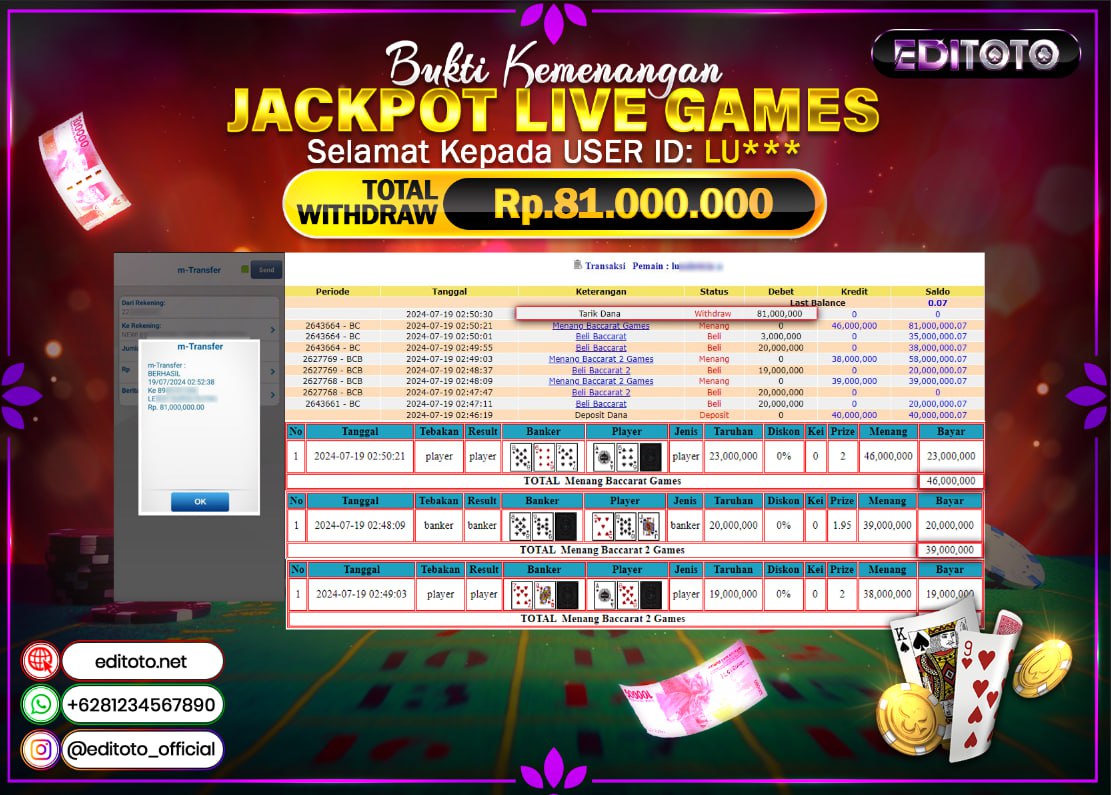 JACKPOT LIVE GAME EDITOTO BACCARAT Rp.81.000.000.,- LUNAS