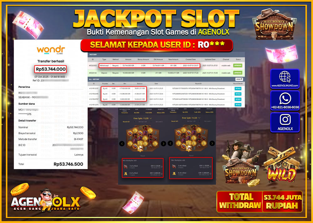 AGENOLX JACKPOT SLOT WILD BOUNTY SHOWDOWN  Rp 53,744,000,- LUNAS
