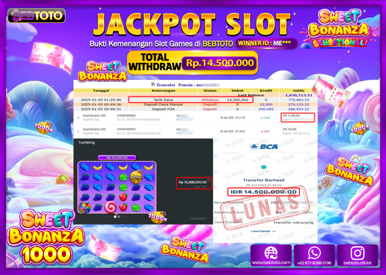 JACKPOT SLOT BEBTOTO SWEET BONANZA 1000 Rp.14.500.000.,- LUNAS