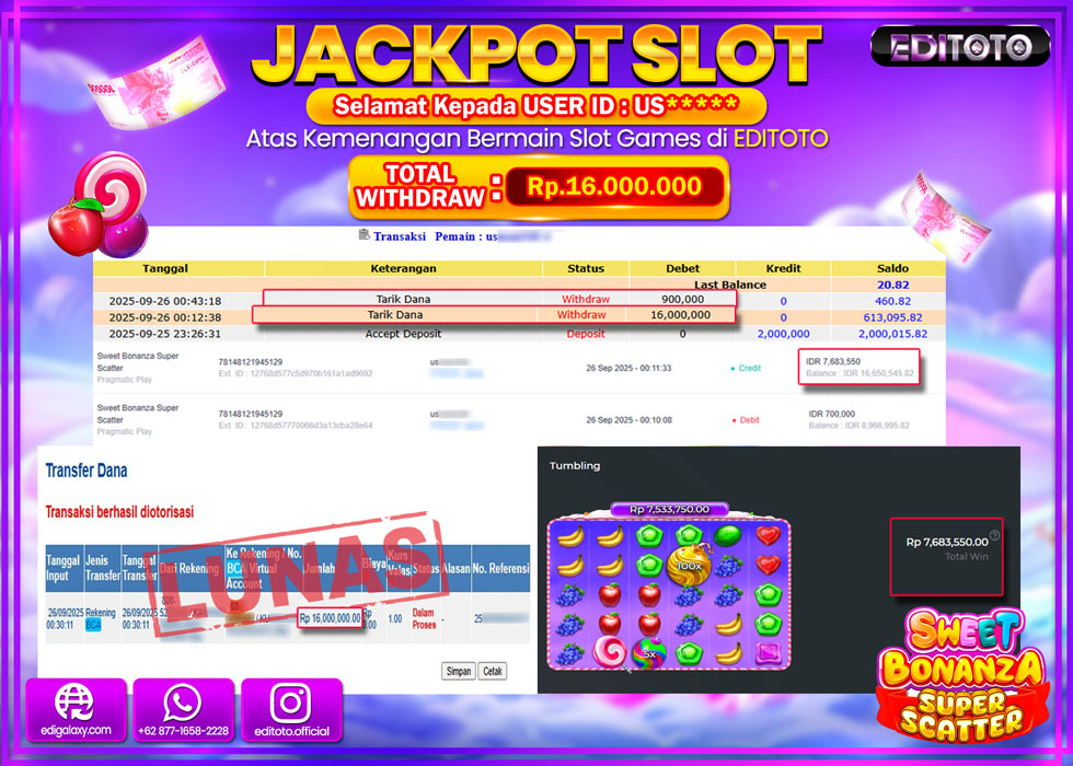 JACKPOT EDITOTO SLOT SWEET BONANZA SUPER SCATTER Rp.16.000.000,- LUNAS 