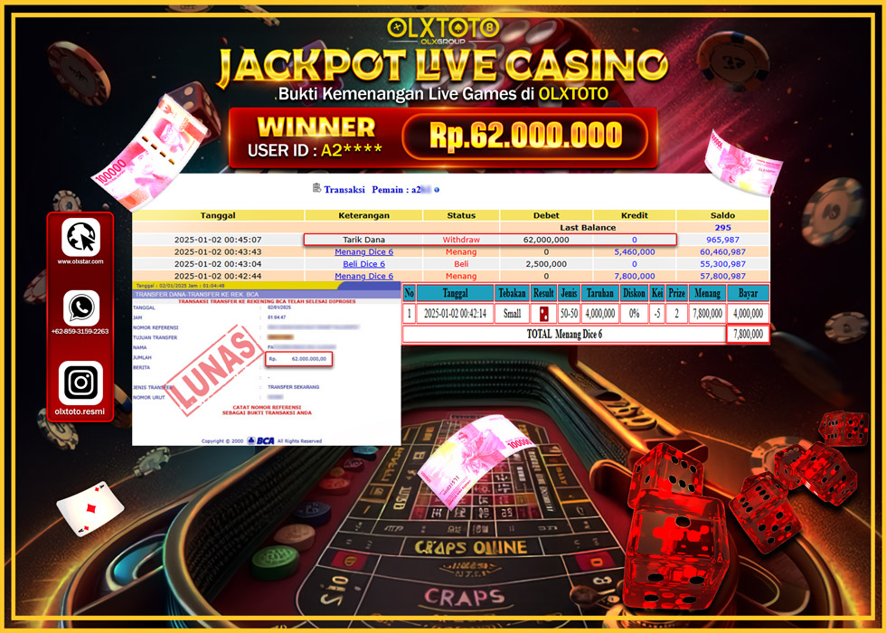 OLXTOTO JACKPOT  LIVE GAMES DICE 6 Rp.62.000.000.,- LUNAS