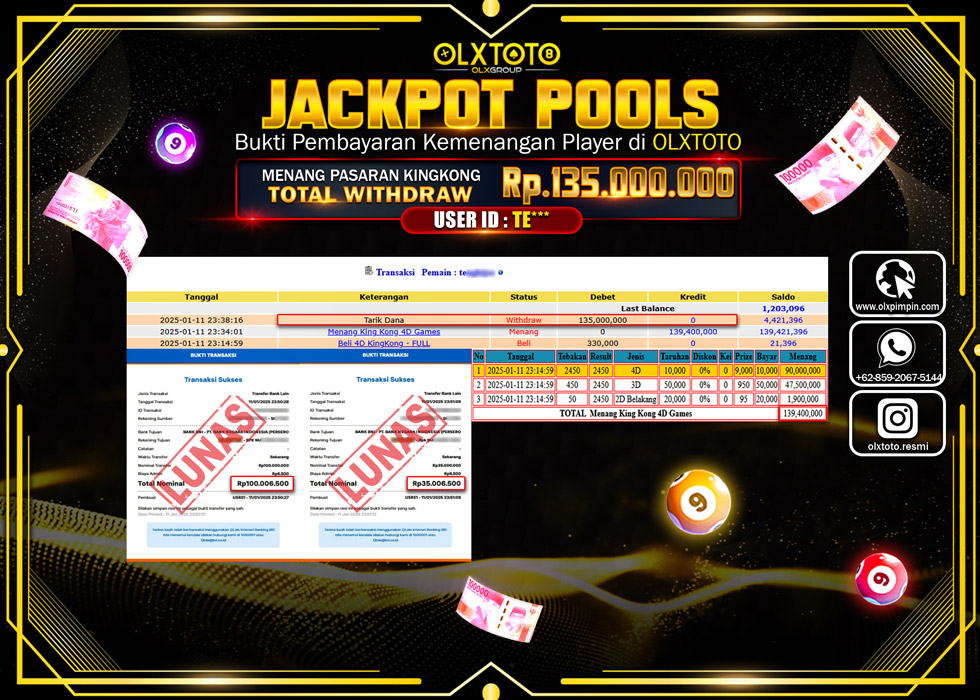 OLXTOTO JACKPOT  TOGEL POOL KINGKONG Rp.135.000.000.,- LUNAS