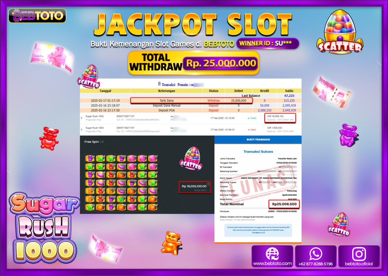 JACKPOT SLOT BEBTOTO SUGAR RUSH 1000 Rp.25.000.000.,- LUNAS