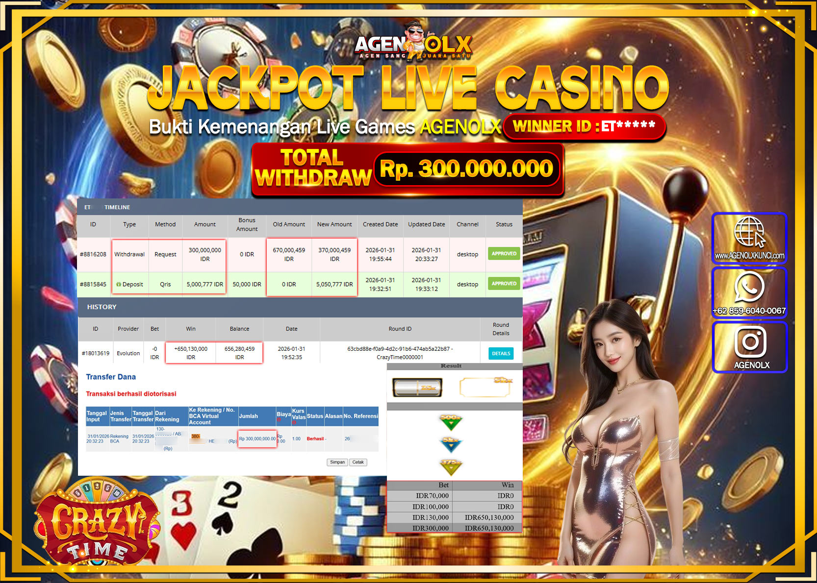 AGENOLX JACKPOT LIVE CASINO CRAZY TIME  Rp 300.000.000 - LUNAS
