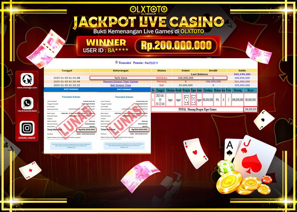 OLXTOTO JACKPOT  LIVE GAMES DRAGON TIGER Rp.200.000.000.,- LUNAS