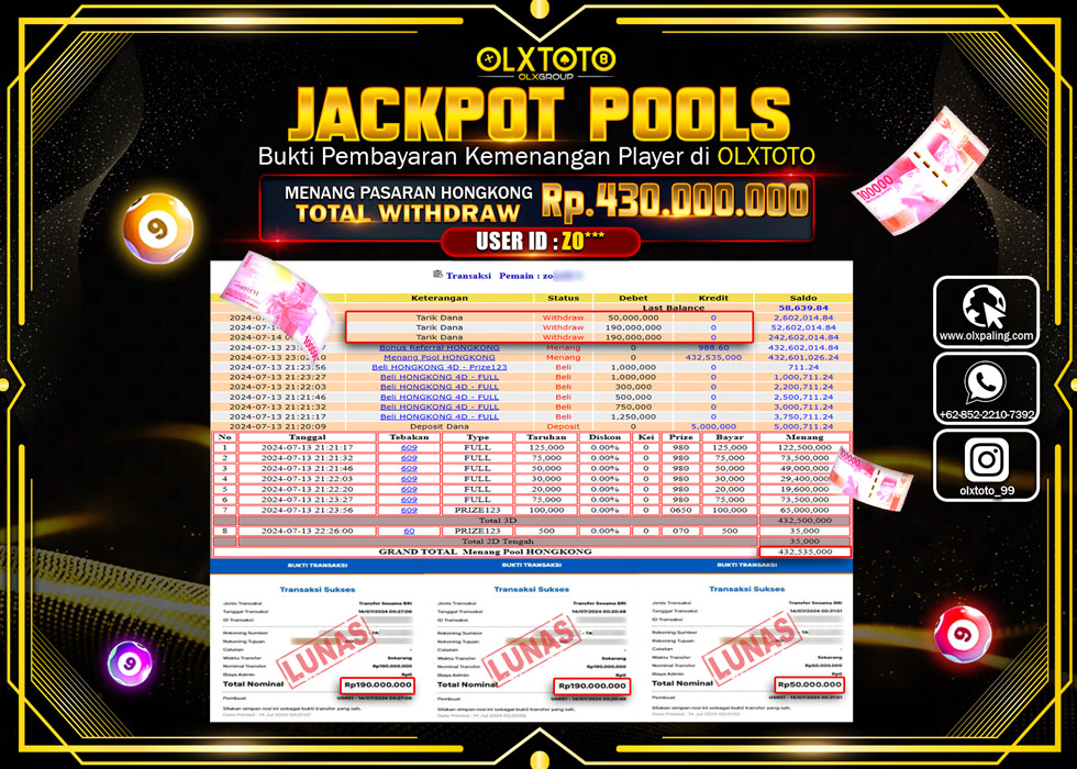 OLXTOTO JACKPOT  TOGEL POOL HONGKONG Rp.430.000.000.,- LUNAS