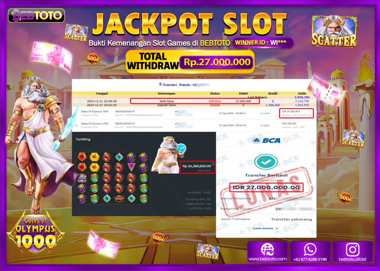 JACKPOT SLOT BEBTOTO GATES OF OLYMPUS 1000 Rp.27.000.000.,- LUNAS