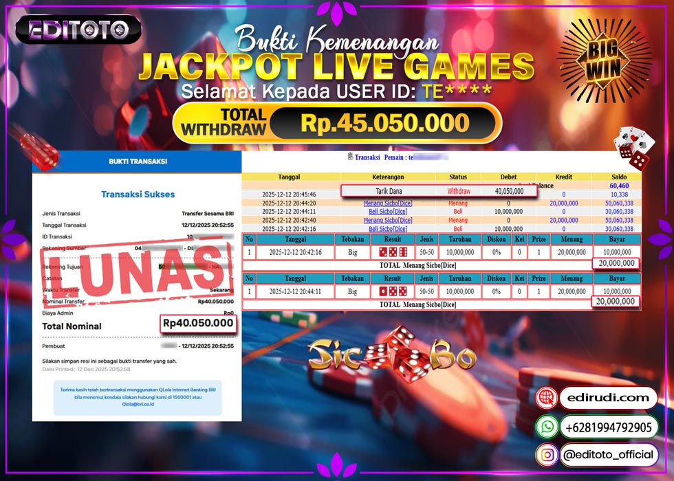 JACKPOT EDITOTO LIVE GAMES SICBO DICE Rp. 45.050.000.,- LUNAS