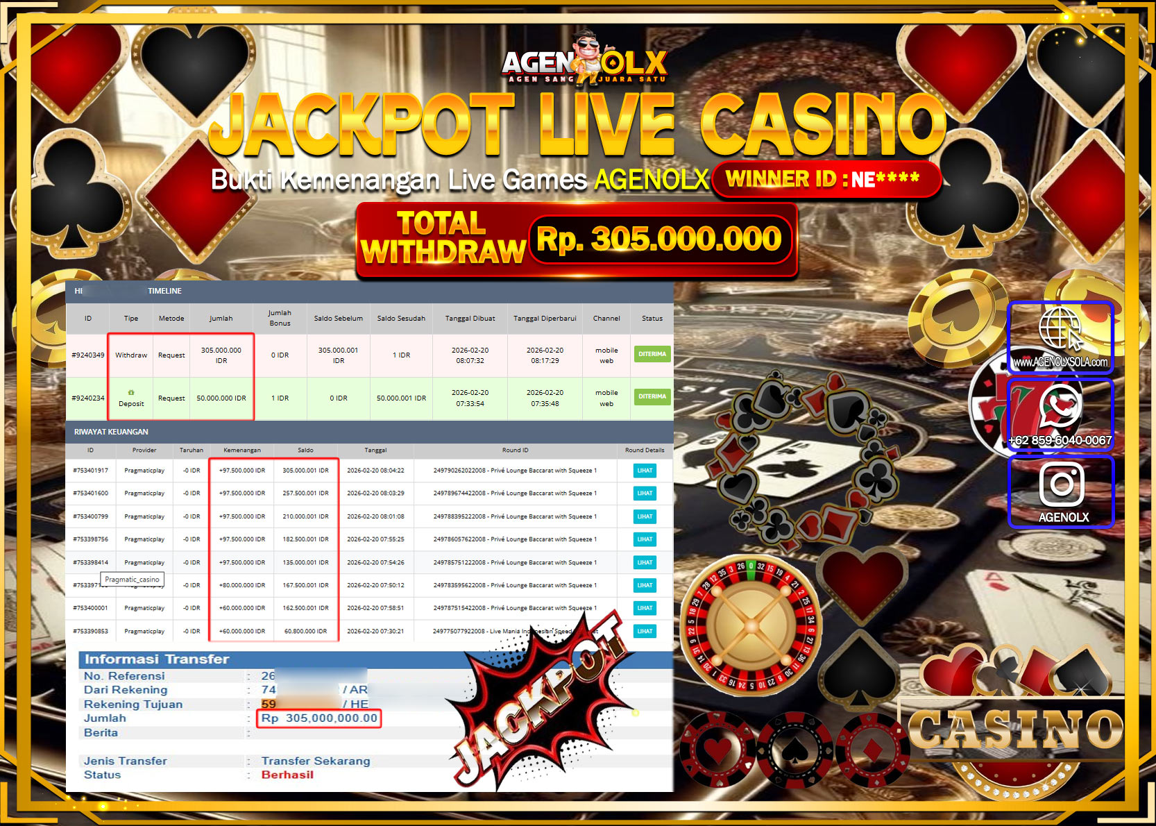 AGENOLX JACKPOT LIVE CASINO PRIVE LOUNGE BACCARAT  Rp 305.000.000 - LUNAS  