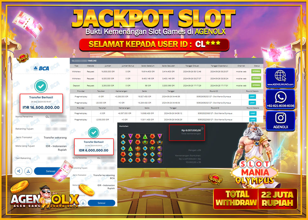 AGENOLX JACKPOT  SLOT MANIA OLYMPUS Rp.22.000.000,- LUNAS