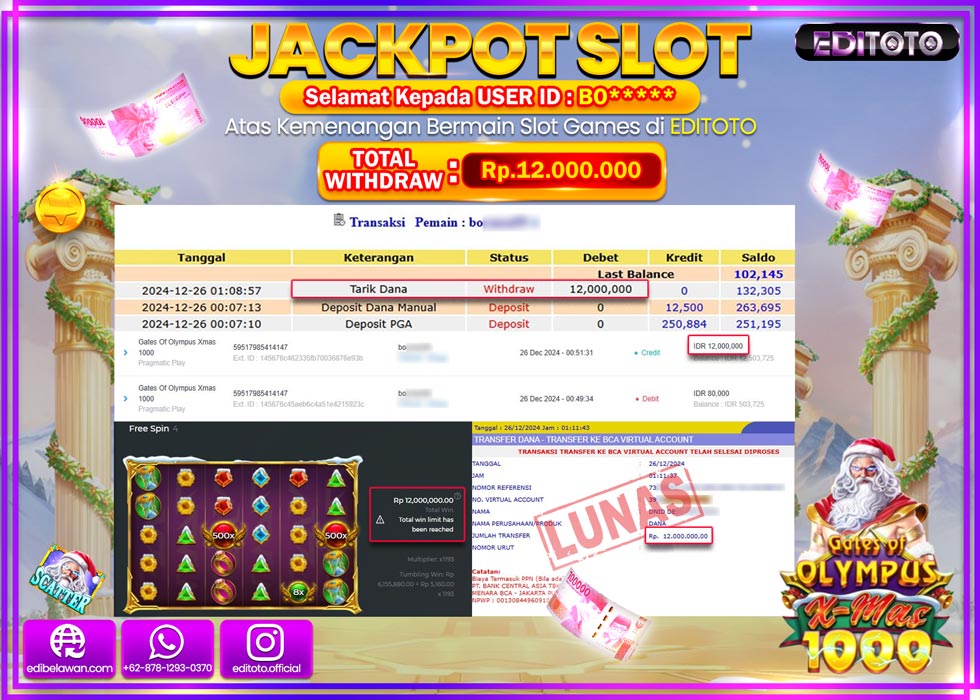 JACKPOT SLOT GATES OF OLYMPUS XMAS 1000 Rp.12.000.000.,- LUNAS