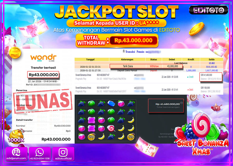 JACKPOT EDITOTO SLOT SWEET BONANZA XMAS  Rp.42.000.000,- LUNAS  