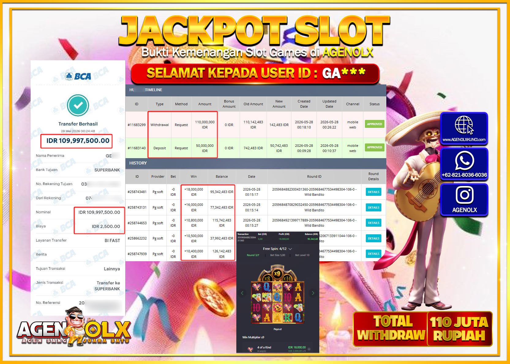 AGENOLX JACKPOT SLOT WILD BANDITO Rp 110.000.000 - LUNAS