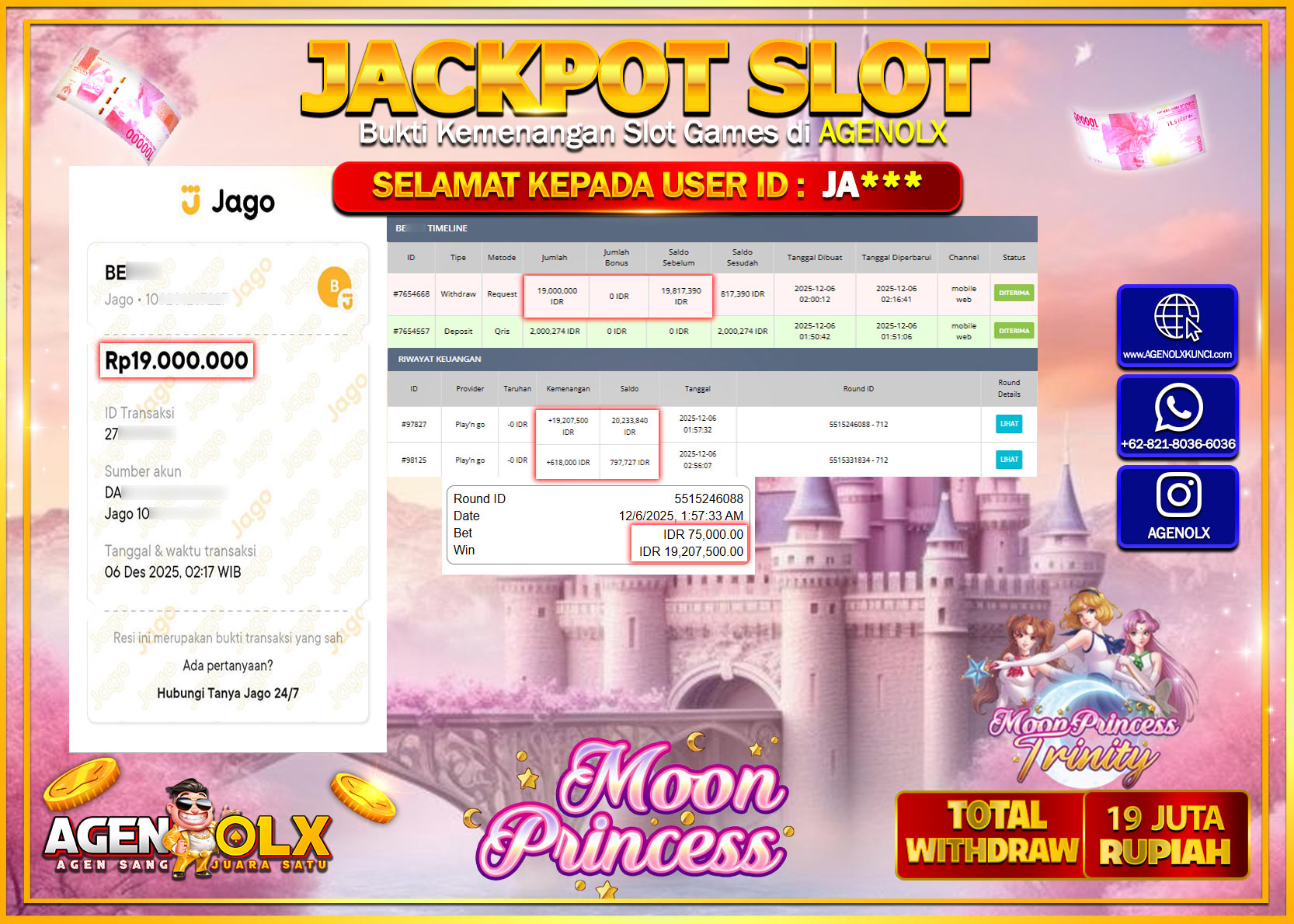 AGENOLX JACKPOT SLOT MOON PRINCES TRINITY  Rp 19,00,000,- LUNAS