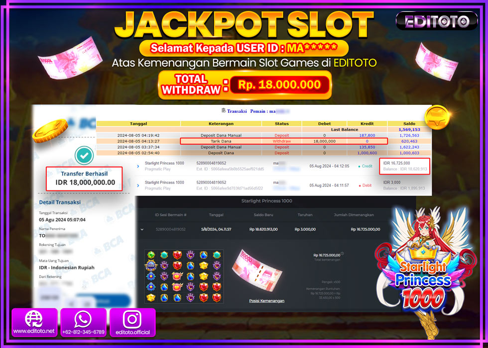 JACKPOT SLOT STARLIGHT PRINCESS 1000 Rp.18.000.000.,- LUNAS