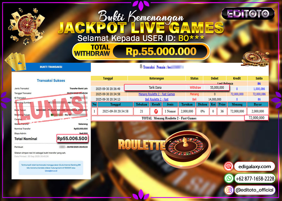 JACKPOT EDITOTO LIVE GAMES ROULETTE Rp. 55.000.000.,- LUNAS