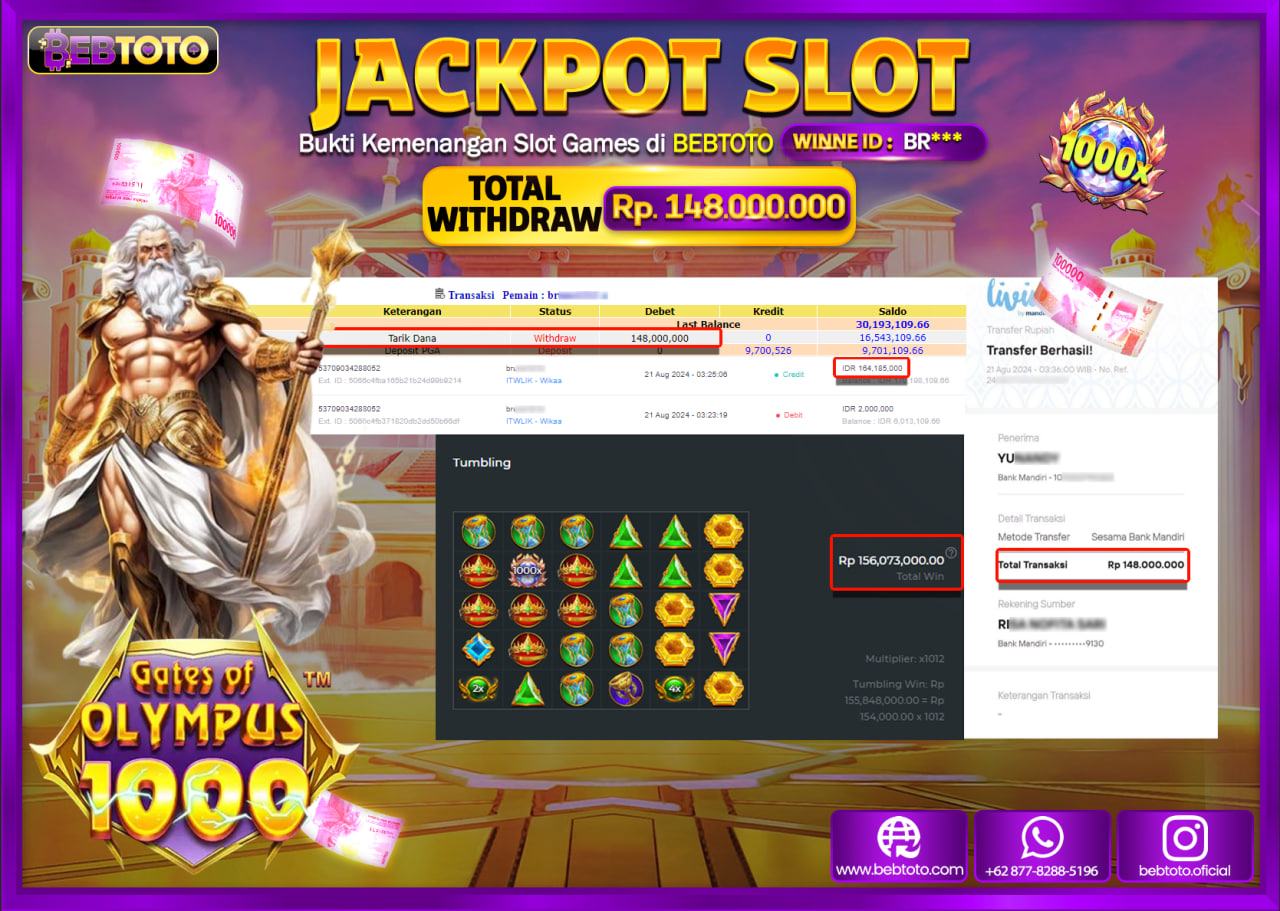 JACKPOT SLOT BEBTOTO Gates Of Olympus 1000 Rp.148.000.000.,- LUNAS