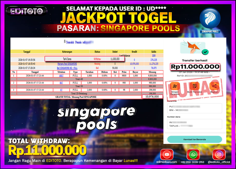 JACKPOT EDITOTO TOGEL PASARAN SINGAPORE POOLS Rp.11.000.000.,- LUNAS 