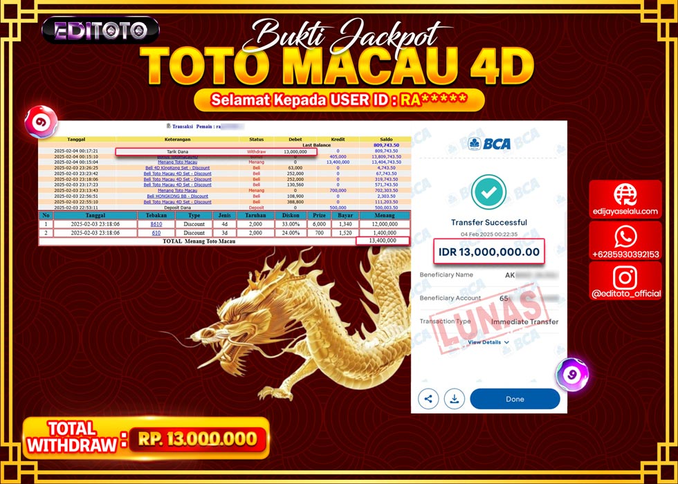 JACKPOT TOGEL PASARAN TOTOMACAU 4D Rp.13.000.000.,- LUNAS