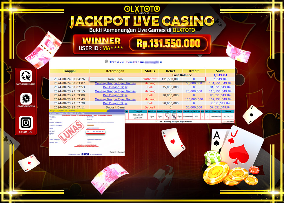 OLXTOTO JACKPOT  LIVE GAMES DRAGON TIGER Rp.131.550.000.,- LUNAS