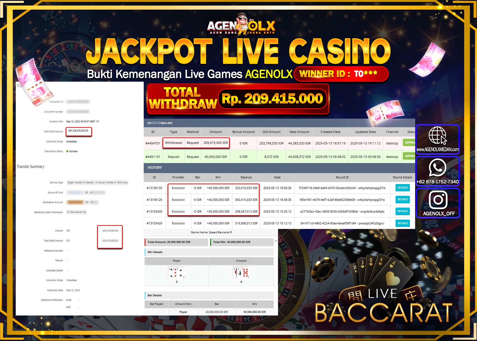 AGENOLX JACKPOT LIVE CASINO SPEED BACCARAT R  Rp 209.415.000,- LUNAS