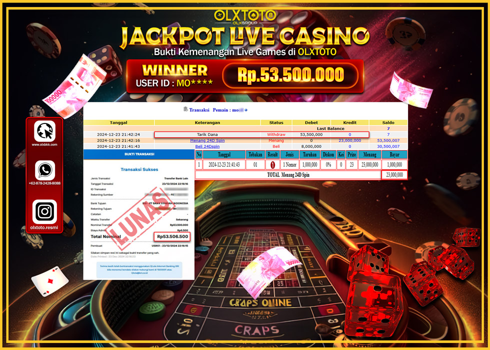 OLXTOTO JACKPOT  LIVE GAMES 24D SPIN  Rp.53.500.000.,- LUNAS