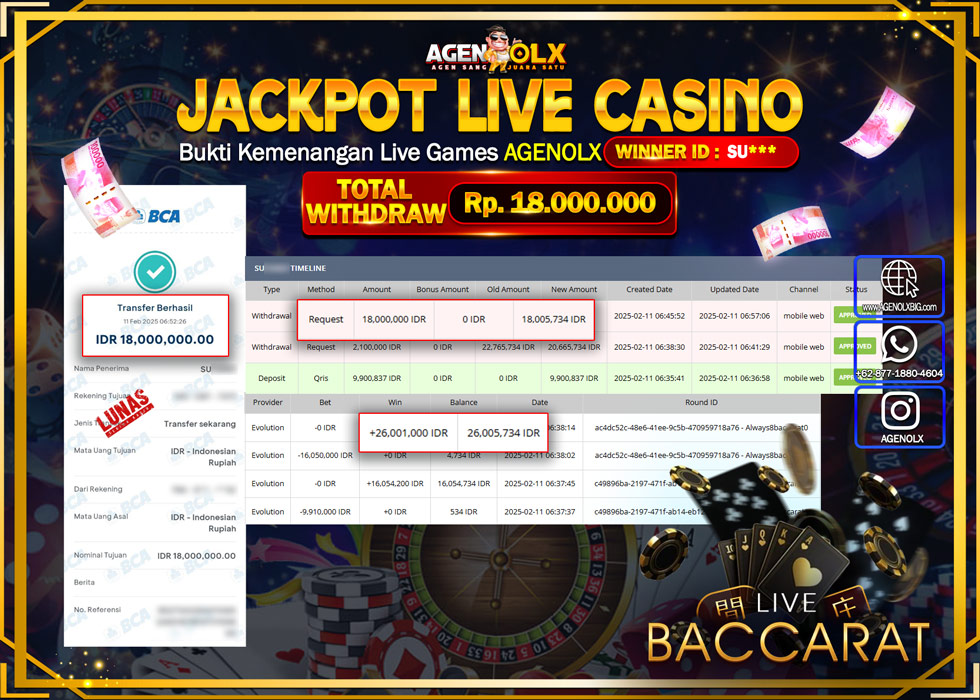 AGENOLX JACKPOT LIVE GAMES BACCARAT Rp 18.000.000,- LUNAS